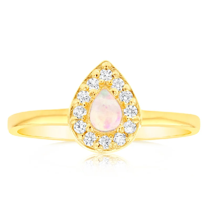 Twisted motif rings-Gold Plated Sterling Silver Pear Created Opal White Cubic Zircornia Ring