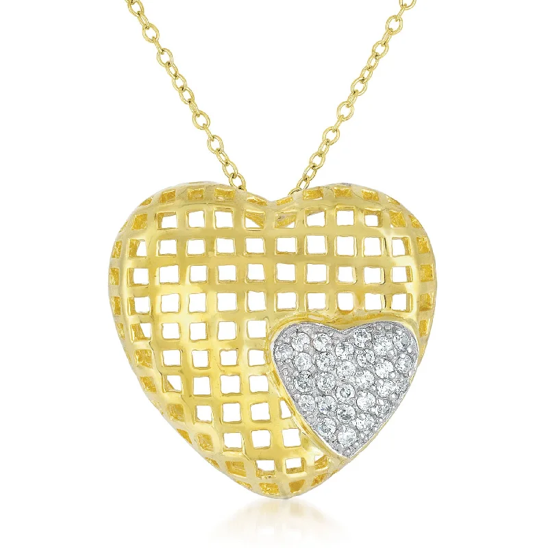 Dual birthstone necklaces-C.z. Sterling Silver Gold Plated Heart Shape Lace Pendant