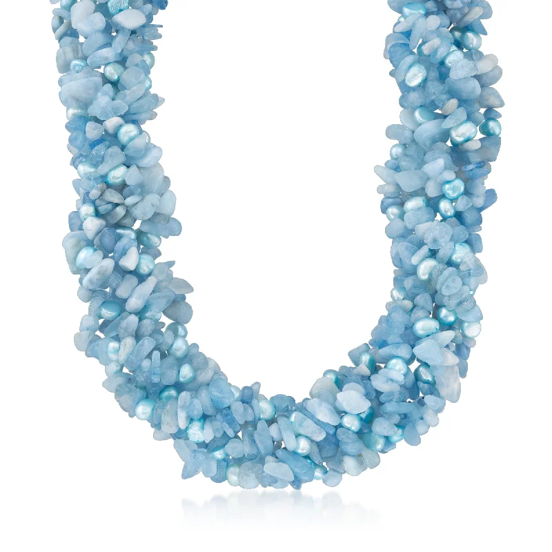 Nine-strand necklaces-Ross-Simons 5-6mm Blue Cultured Pearl and Milky Aquamarine Torsade Necklace With Sterling Silver