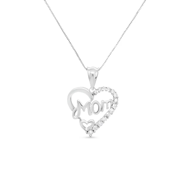 Crystal-twisted necklaces-.925 Sterling Silver 1/4 Cttw Round Diamond "Mom" Openwork Heart Pendant 18" Necklace