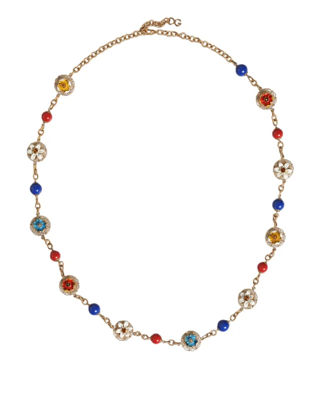 Braided link necklaces-Dolce & Gabbana  Tone Brass Chain Floral Crystal Beaded Women's Necklace