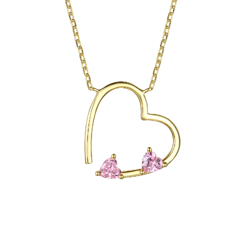 Garnet pendant necklaces-14k Gold Plated Sterling Silver With Pink Diamond Cubic Zirconia Open Heart Layering Necklace