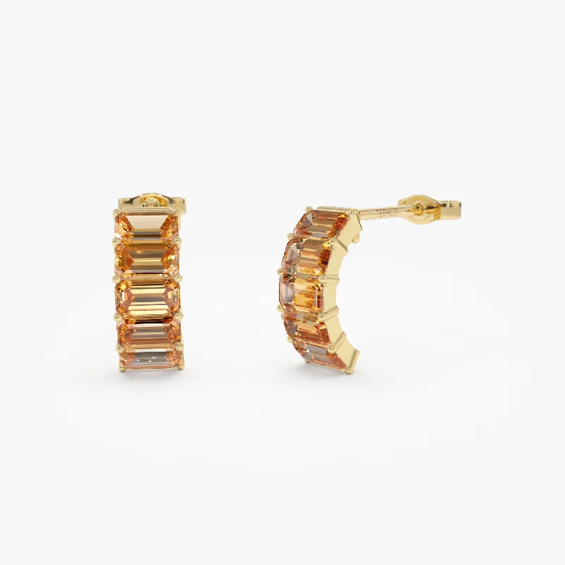 Gem weave earrings-14K Emerald Cut Citrine Half Hoop Earrings