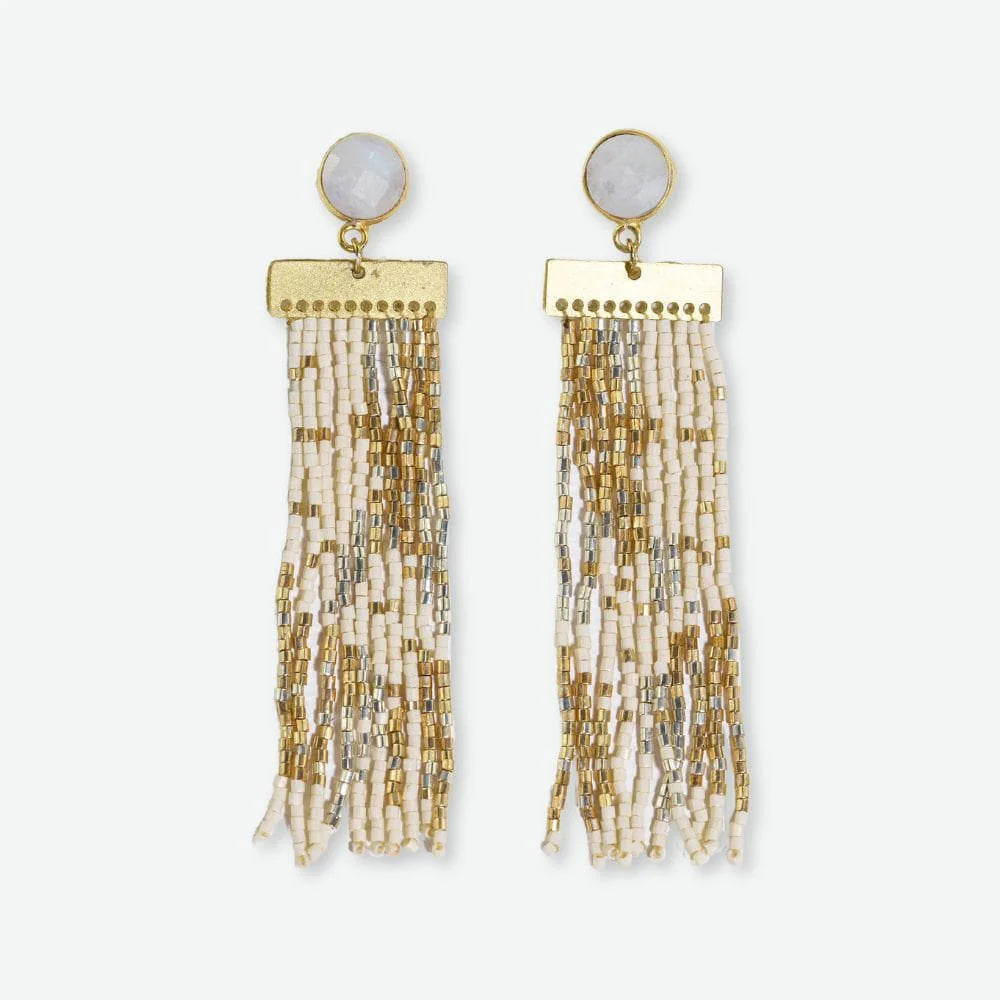 Oval dangle earrings-Lilah Semi-Precious Stone Post With Organic Shapes Beaded Fringe Earrings St. Moritz