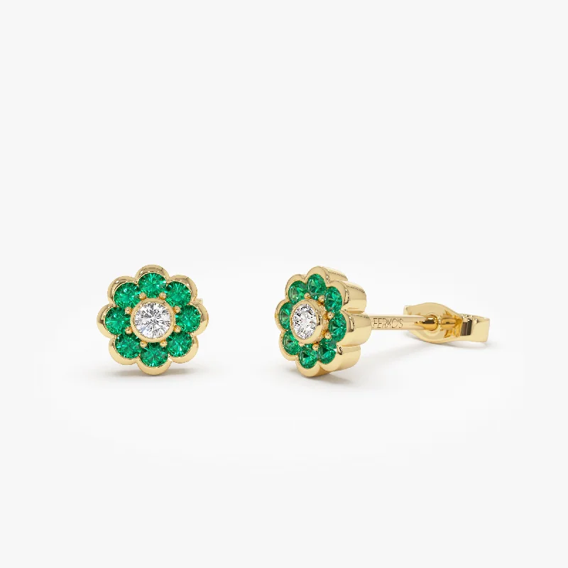 Light drop earrings-14K Bezel Setting Emerald Flower Diamond Studs