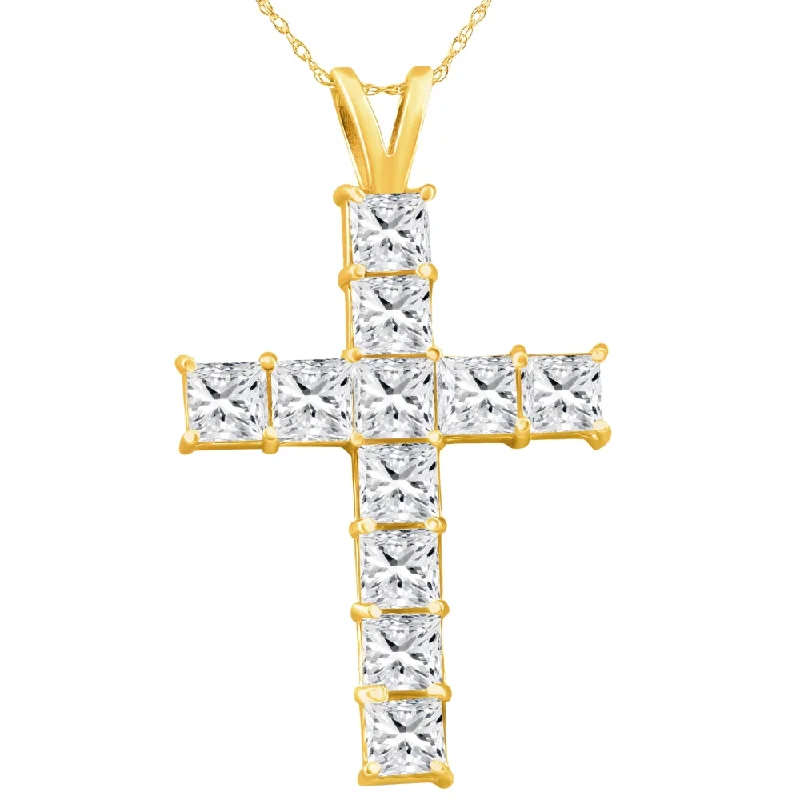 Charming bead necklaces-5.80Ct Princess Cut Diamond Cross Pendant 14k Gold Necklace Lab Grown 1 1/2"