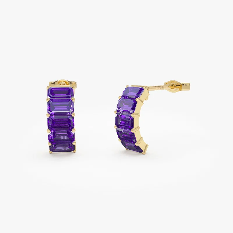 Wide hoop earrings-14K Emerald Cut Amethyst Half Hoop Earrings