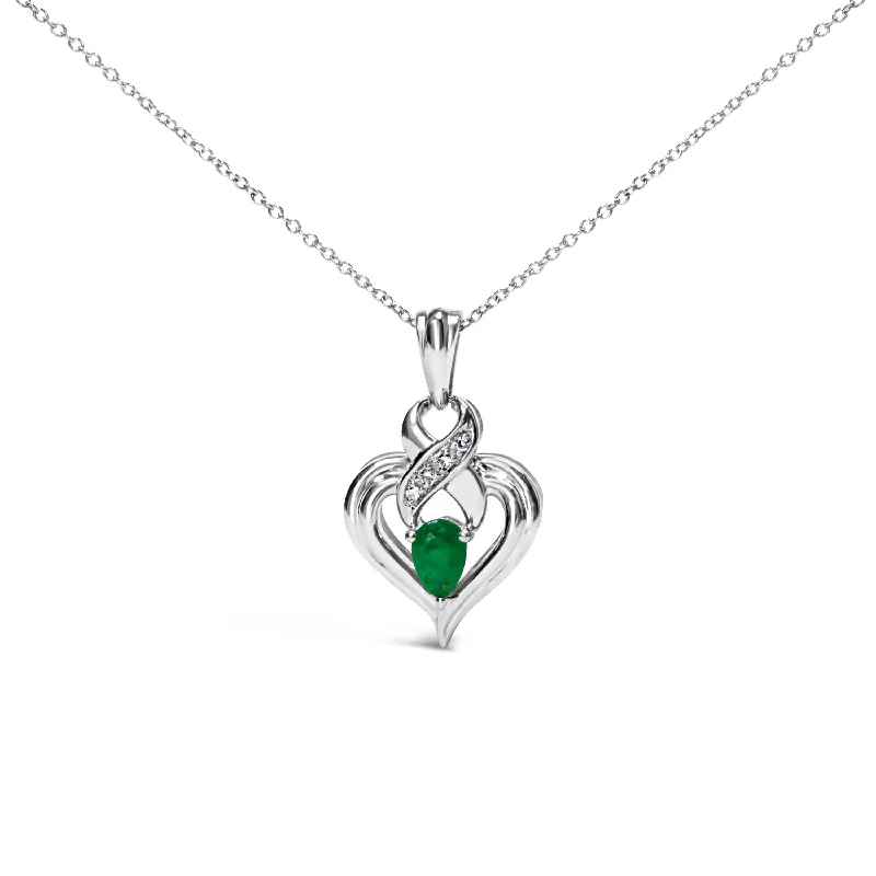 Onyx stone necklaces-.925 Sterling Silver 6x4mm Pear Emerald and Diamond Accent Heart Pendant Necklace