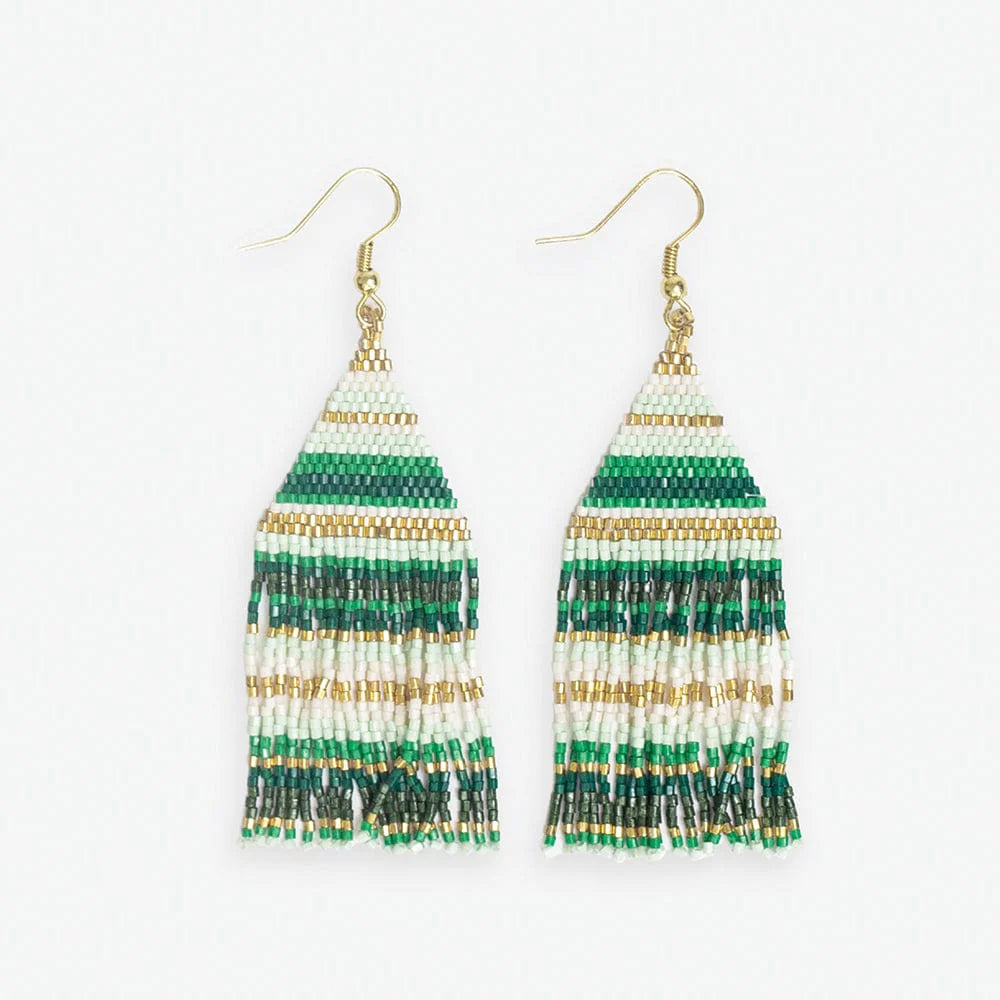 Polished art earrings-Lexie Horizontal Stripes Beaded Fringe Earrings Mixed Green