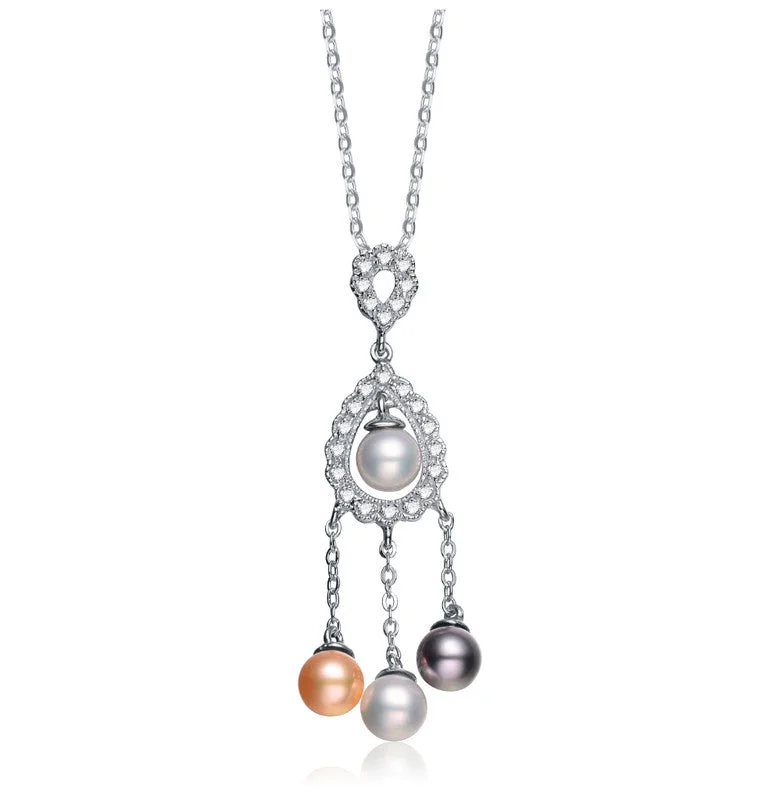 Full crescent necklaces-Sterling Silver Cubic Zirconia Yellow White And Black Cultured Pearl Dangling Pendant Necklace