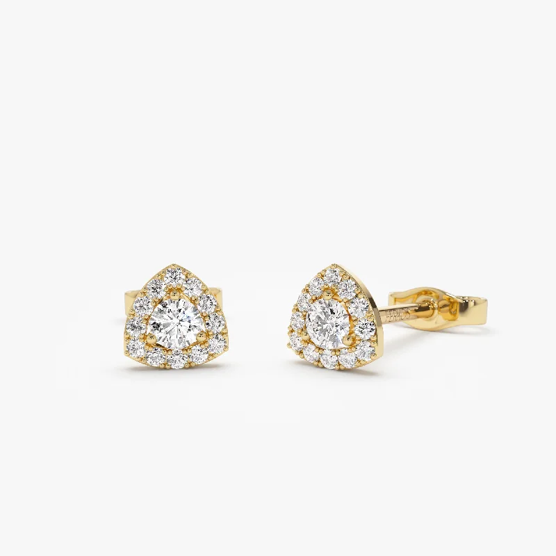 Bright silver earrings-14k Triangle Halo Setting Diamond Studs