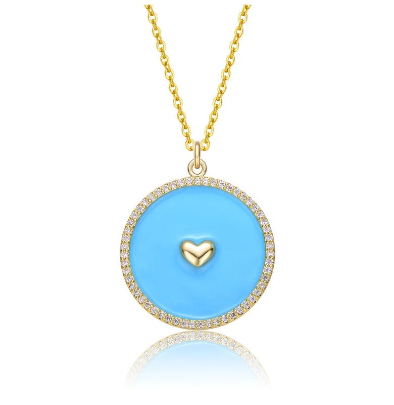 Offset design necklaces-14k Yellow Gold Plated with clear Cubic Zirconia and Colored Enamel Round Pendant