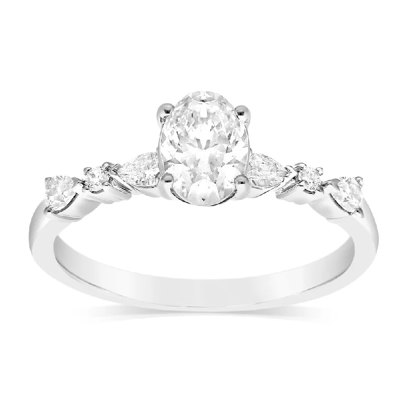 Silk edge rings-Luminesce Lab Grown 14ct White Gold 1 Carat Diamond Solitaire Fancy Ring with 0.70 Carat Central Oval Diamond