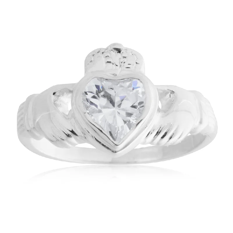 Crystal-twisted rings-Sterling Silver Zirconia Claddagh Ring