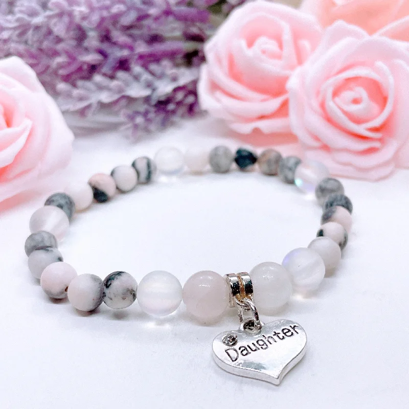 Secure clasp bangles-Daughter Heart Companion Charm Bracelet Rose Quartz