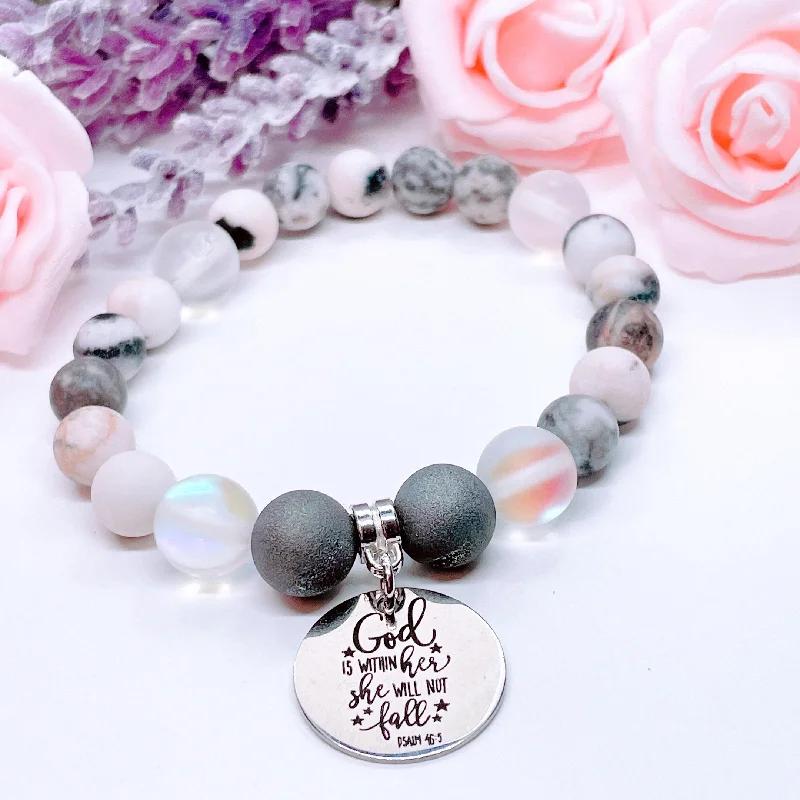 Raised letter bangles-God Is Within Her She Will Not Fall Classic Charm Bracelet Druzy