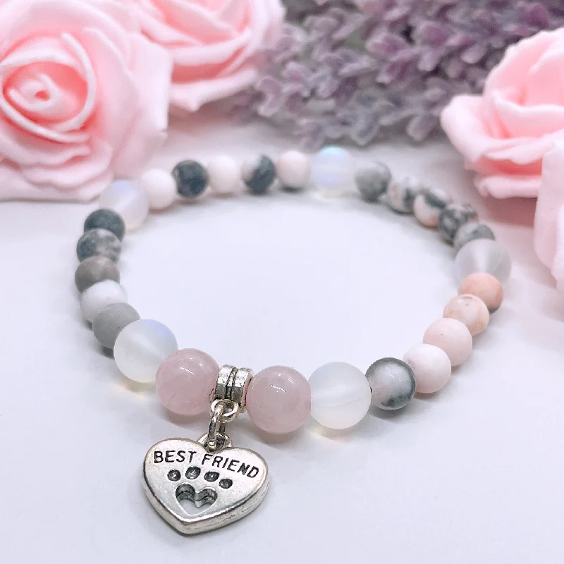 Love charm bangles-Best Friend Heart Pet Paw Companion Charm Bracelet Rose Quartz