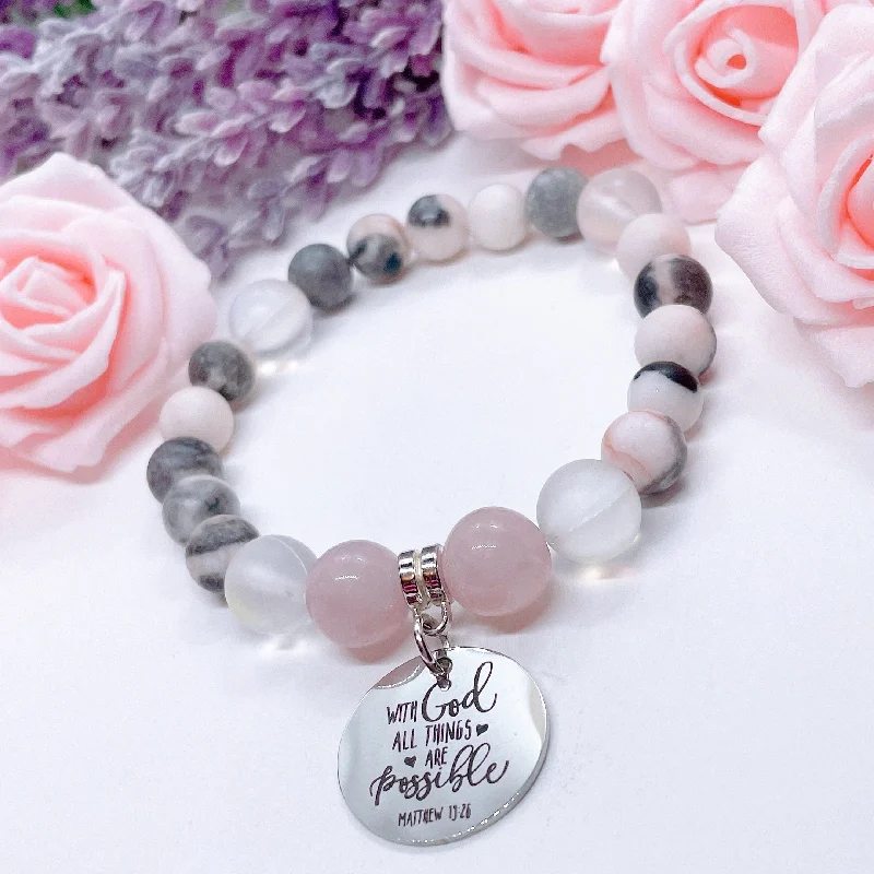 Beaded cluster bracelets-With God All Things are Possible Classic Charm Bracelet Rose Quartz