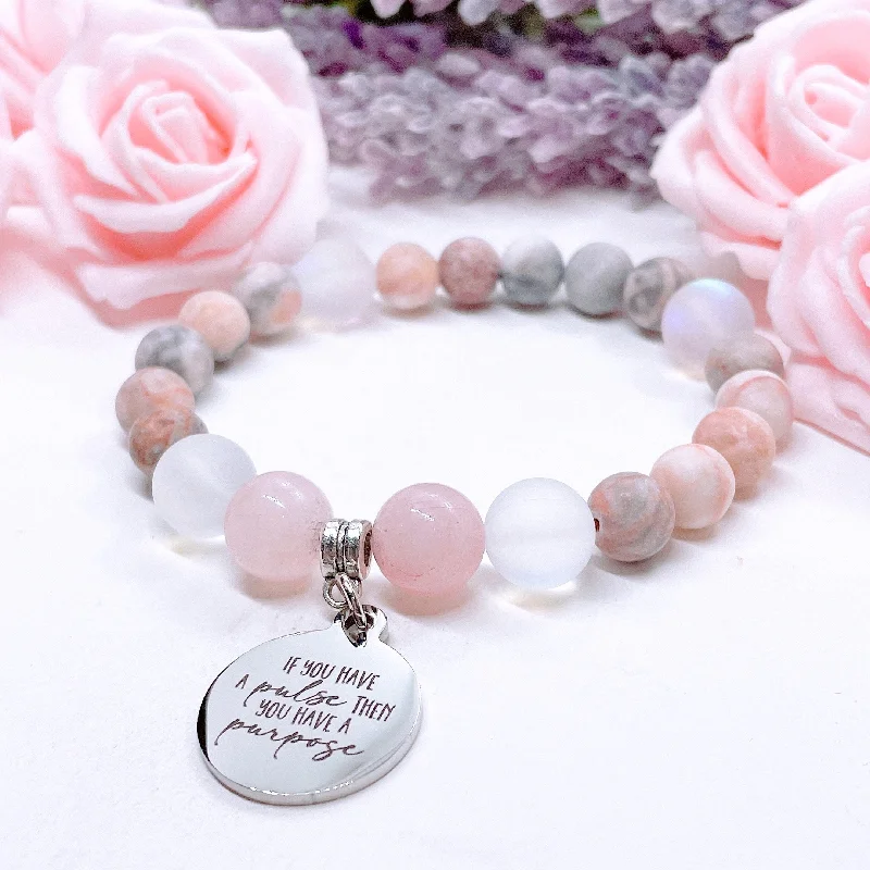 Wave shape bangles-If You Have a Pulse You Have a Purpose Classic Charm Bracelet Rose Quartz