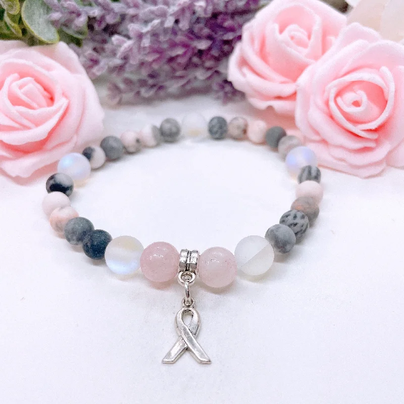 Twisted cord bracelets-Cancer Ribbon Companion Charm Bracelet Rose Quartz