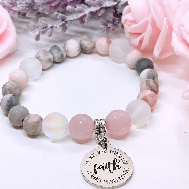 Gloss finish bracelets-Faith Does Not Make Things Easy, It Makes Things Possible Classic Charm Bracelet Rose Quartz