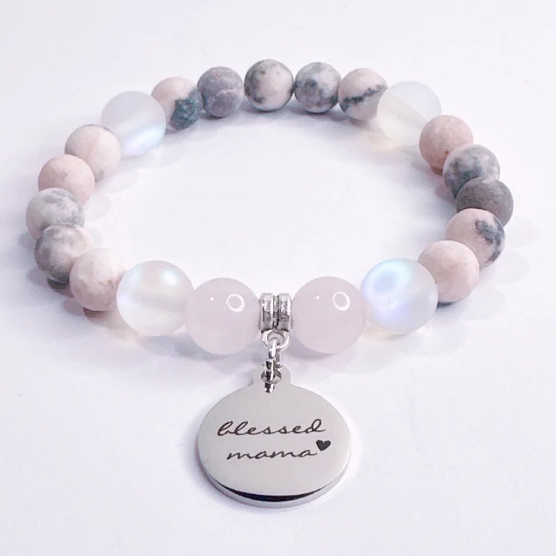 Secure clasp bangles-Blessed Mama Classic Charm Bracelet Rose Quartz