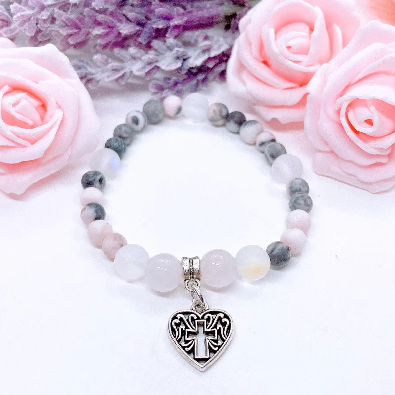 Wide cuff bangles-Heart Hollow Cross Companion Charm Bracelet Rose Quartz