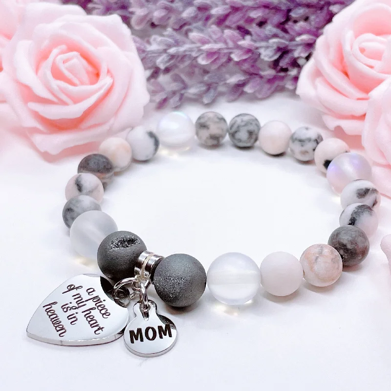 Tri-metal bracelets-Mom: A Piece of my Heart is in Heaven Heart Classic Charm Bracelet Druzy