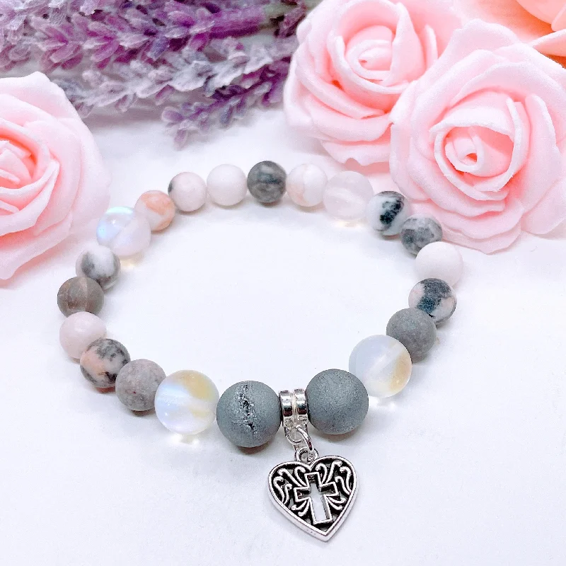 Clear link bangles-Heart Hollow Cross Classic Charm Bracelet Druzy