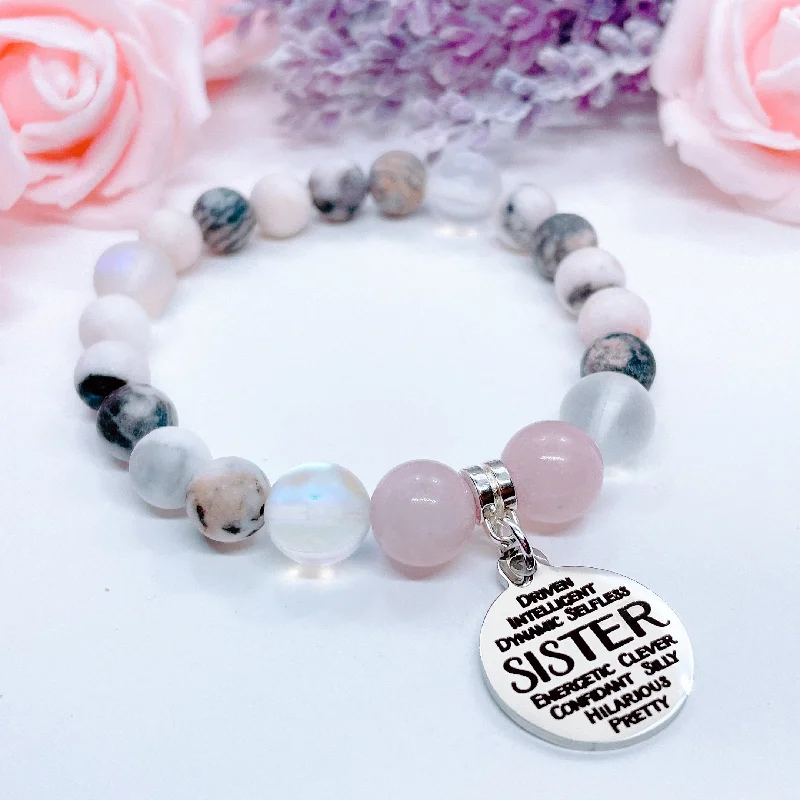 Malachite bead bracelets-Sister Sentiments Classic Charm Bracelet Rose Quartz