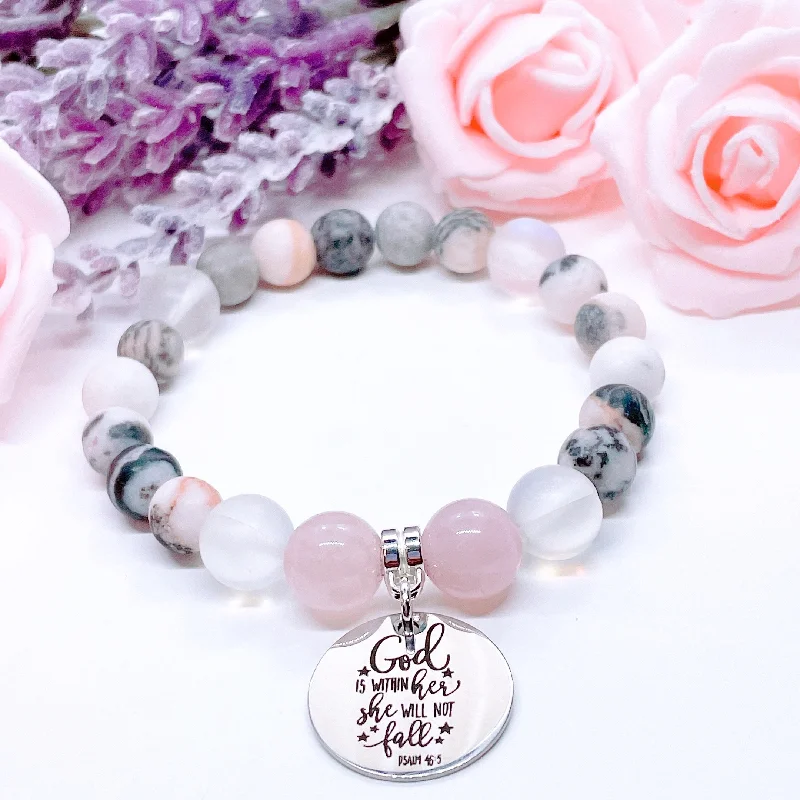 Lapis bracelets-God Is Within Her She Will Not Fall Classic Charm Bracelet Rose Quartz