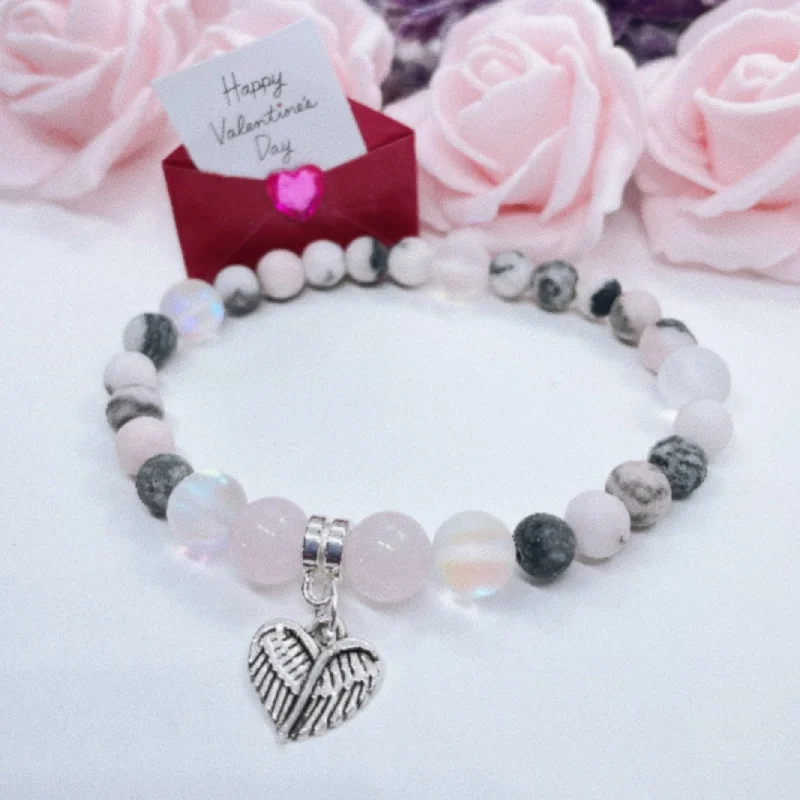 Secure clasp bangles-Angel Wings Heart Companion Charm Bracelet Rose Quartz