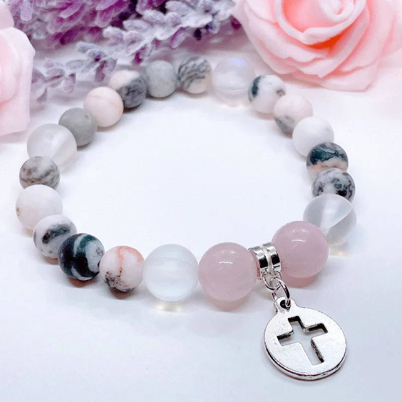 Wave shape bracelets-Silver Hollow Cross Classic Charm Bracelet Rose Quartz