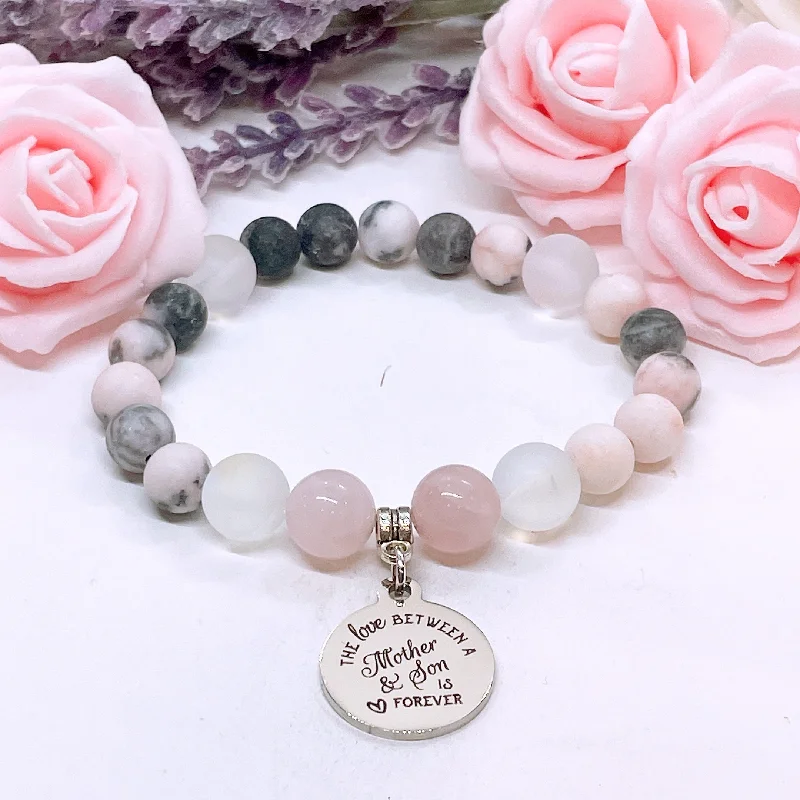 Oval gem bracelets-The Love Between a Mother and Her Son is Forever Classic Charm Bracelet Rose Quartz