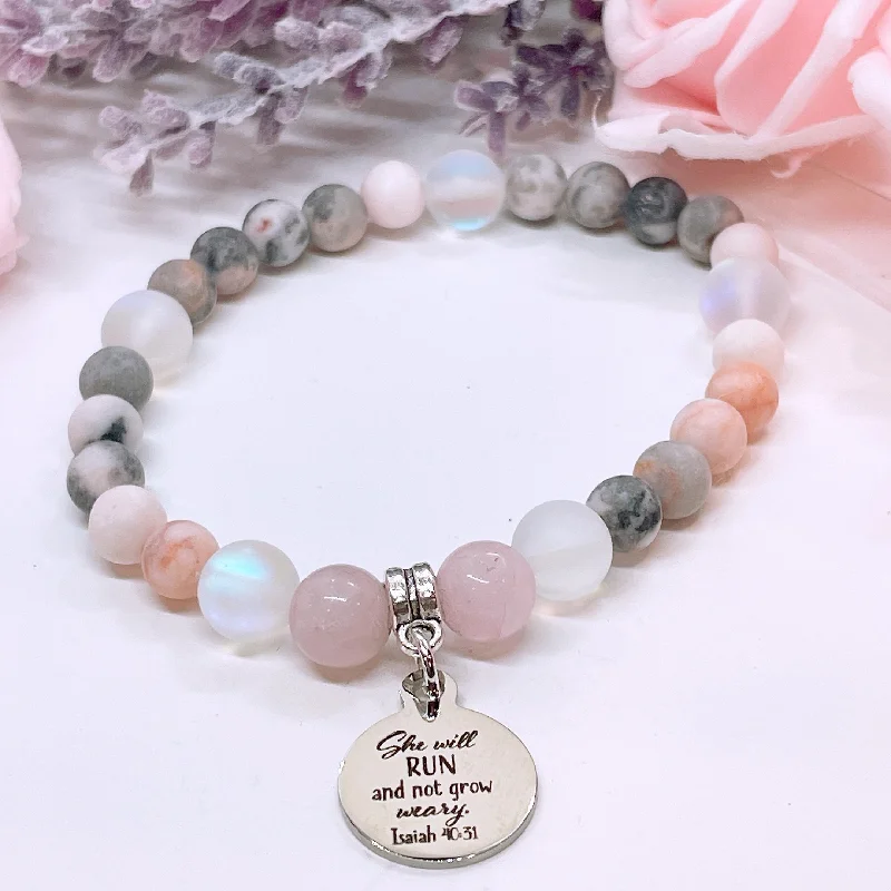 Silk tassel bangles-She Will Run and Not Grow Weary Companion Charm Bracelet Rose Quartz