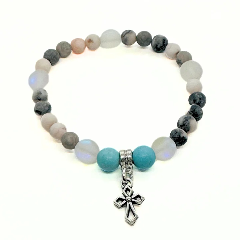 Thin stack bracelets-Silver Deco Cross Companion Charm Bracelet Turquoise