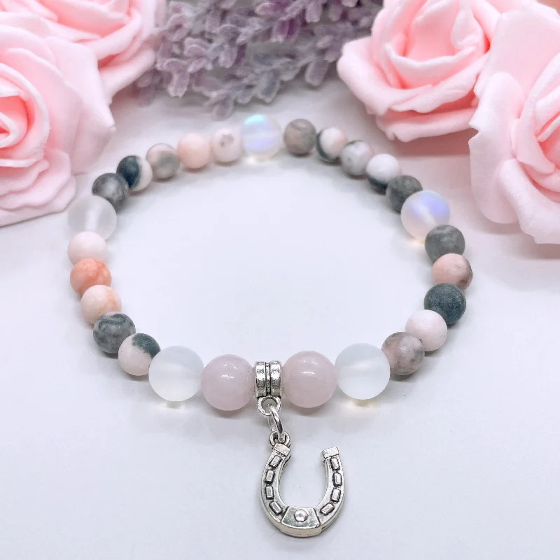 Raised metal bangles-Horseshoe Companion Charm Bracelet Rose Quartz