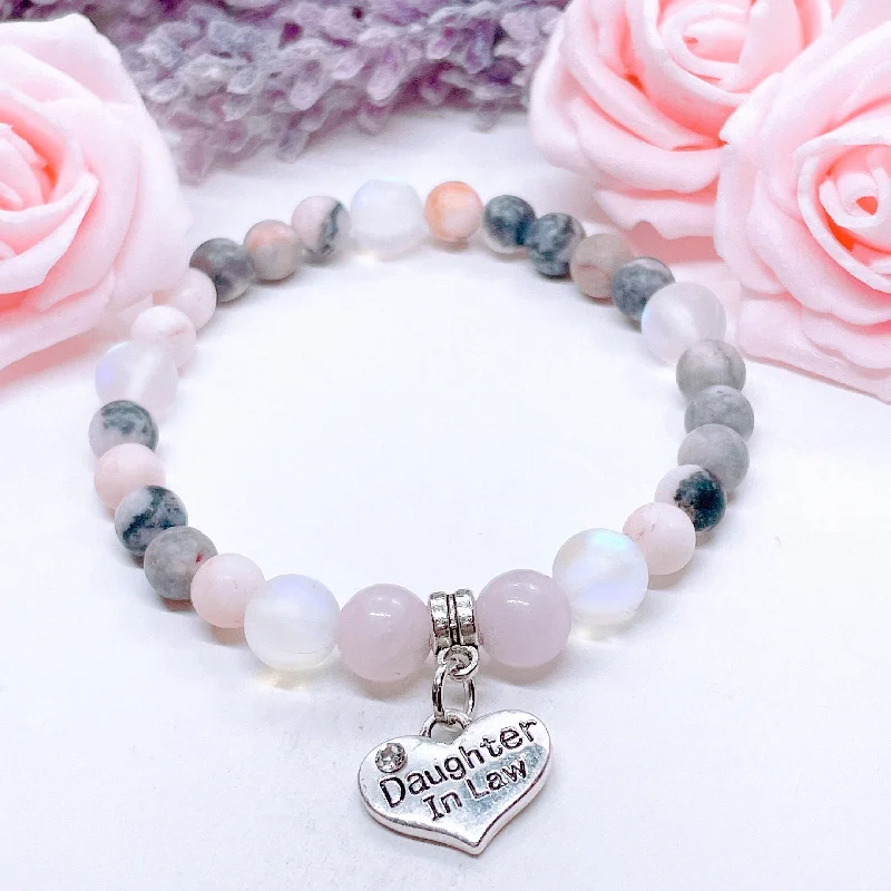 Surf bead bangles-Daughter In Law Heart Companion Charm Bracelet Rose Quartz