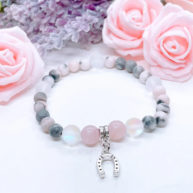 Light accent bracelets-Lucky Horseshoe Companion Charm Bracelet Rose Quartz