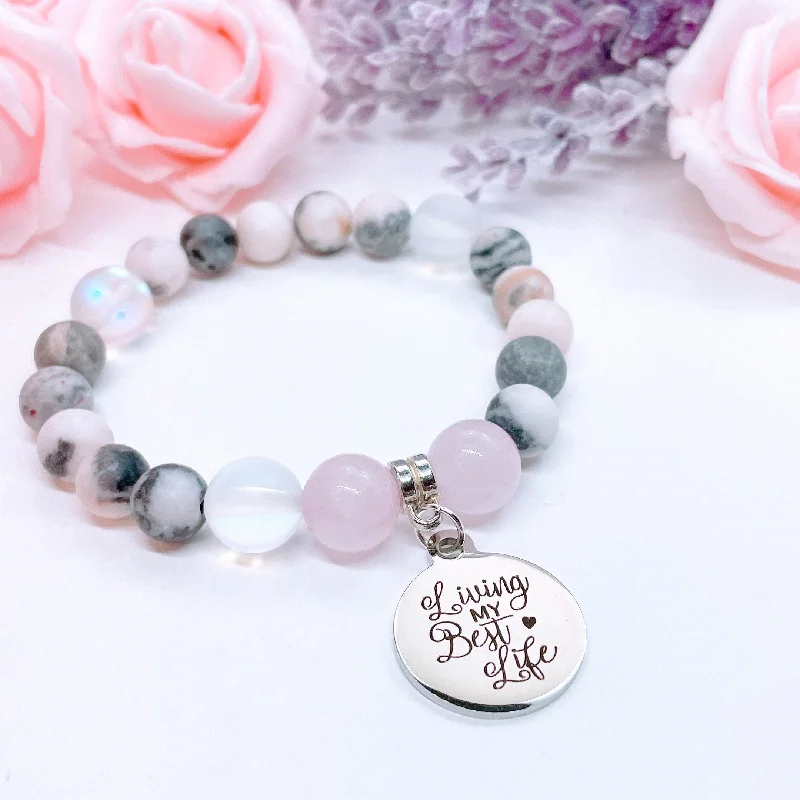 Pink quartz bangles-Living my Best Life Charm Bracelet Rose Quartz