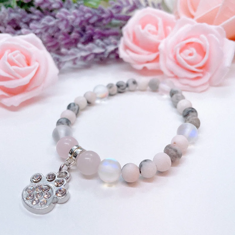 Raised metal bangles-Rhinestone Paw Companion Charm Bracelet Rose Quartz