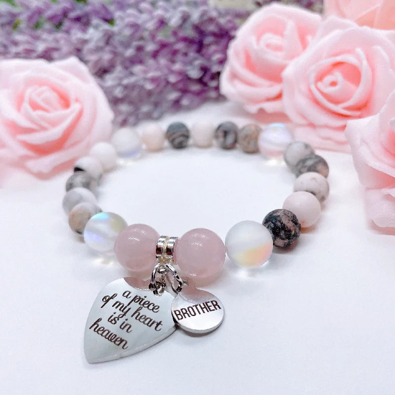 Old deco bangles-Brother: A Piece of my Heart is in Heaven Heart Classic Charm Bracelet Rose Quartz