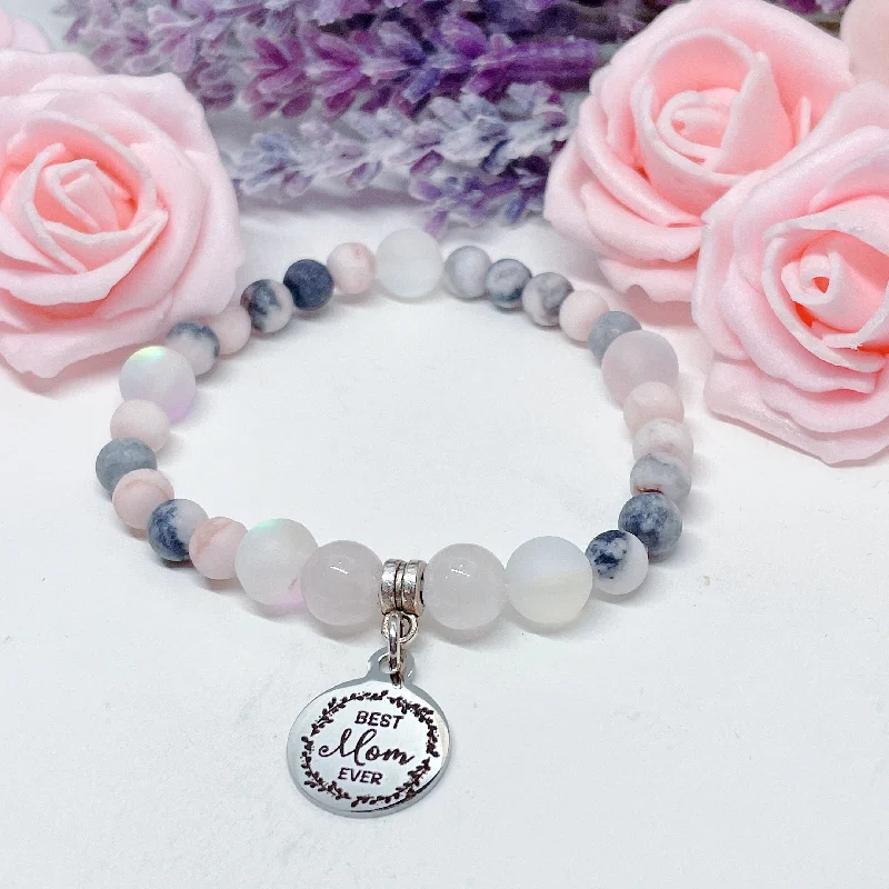 Stretch thread bracelets-Best Mom Ever Companion Charm Bracelet Rose Quartz