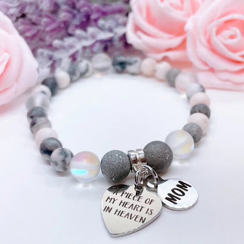 Soft clay bracelets-Mom: A Piece of my Heart is in Heaven Heart Companion Charm Bracelet Druzy