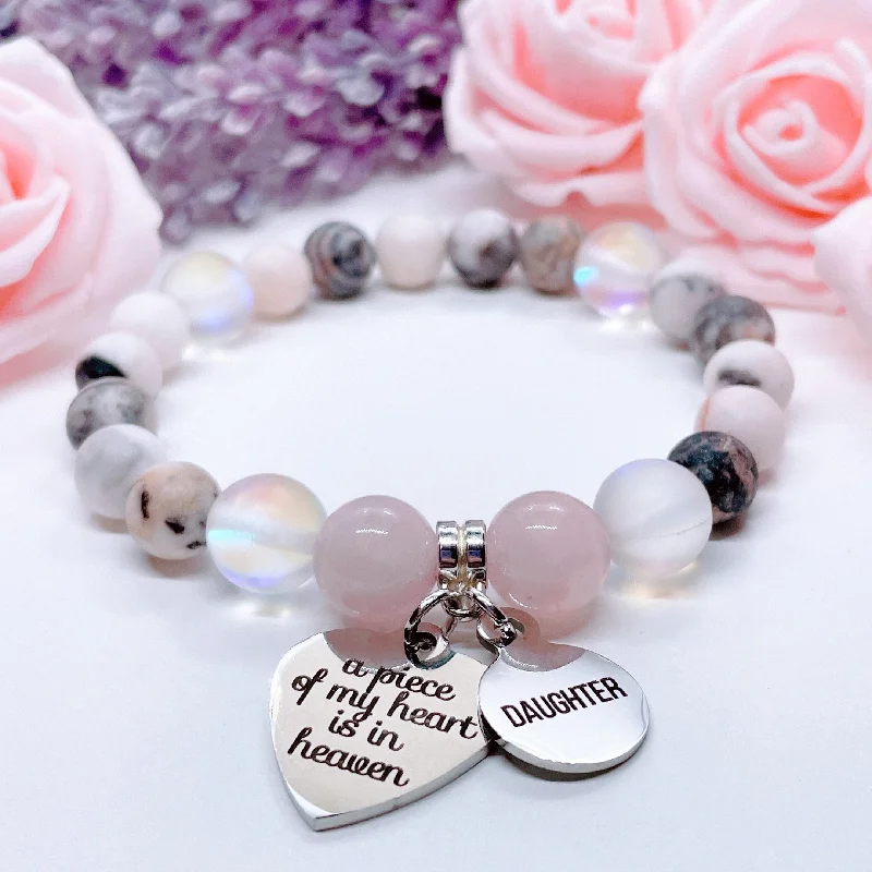 Wool thread bangles-Daughter: A Piece of my Heart is in Heaven Heart Classic Charm Bracelet Rose Quartz