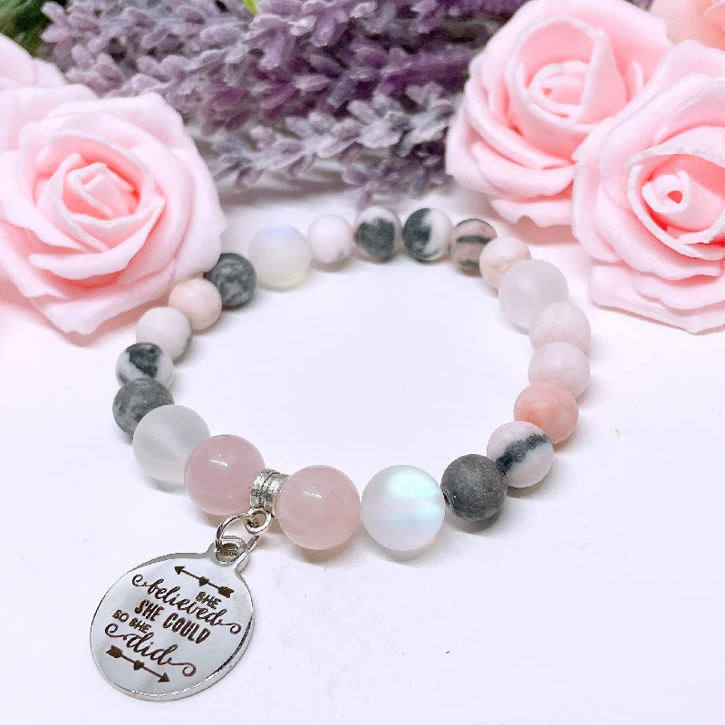 Cebu tile bracelets-She Believed She Could So She Did Classic Charm Bracelet Rose Quartz