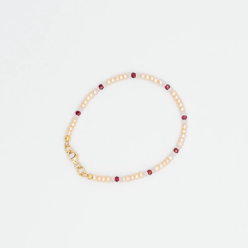 Twisted cord bracelets-Pink Seed Pearl Bracelet with Garnet and Rose Quartz