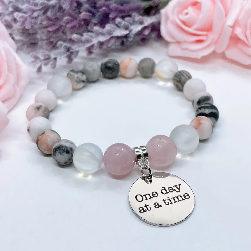 Bead line bangles-One Day at a Time Charm Bracelet Rose Quartz