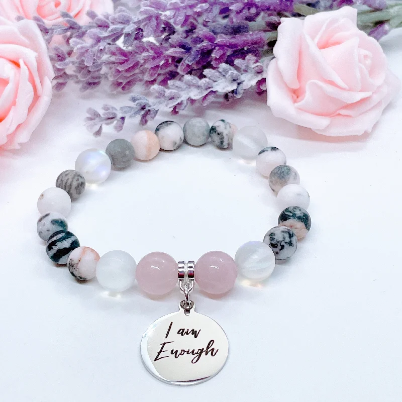 Malachite bead bracelets-I am Enough Classic Charm Bracelet Rose Quartz