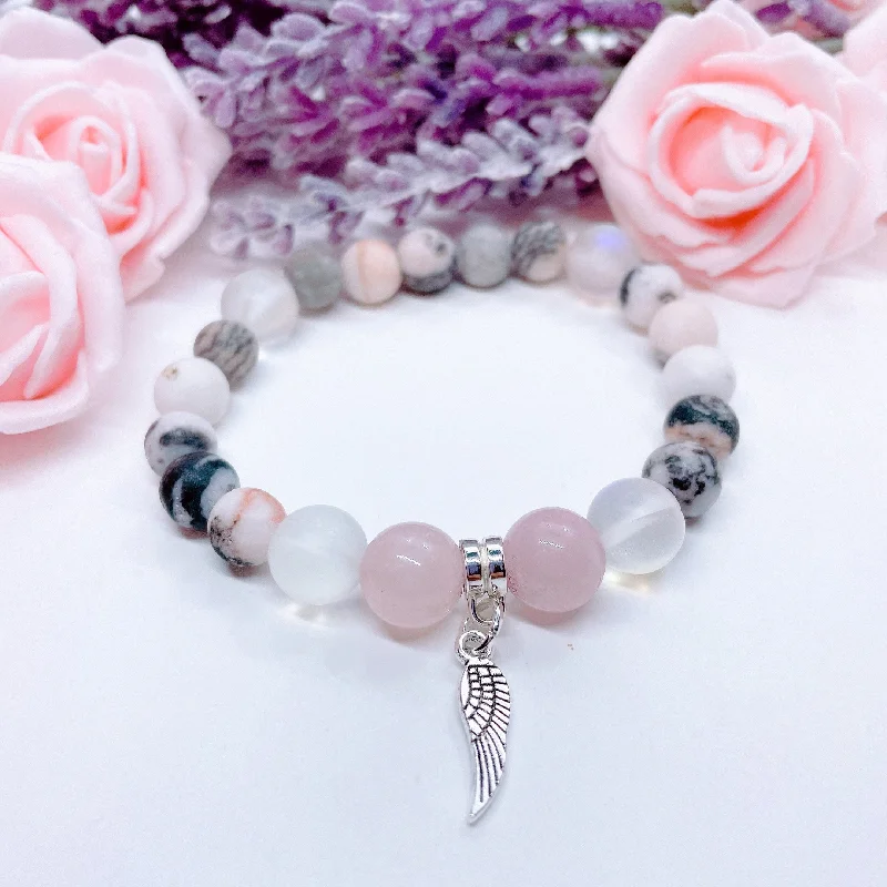 Clear link bangles-Angel Wing Classic Charm Bracelet Rose Quartz